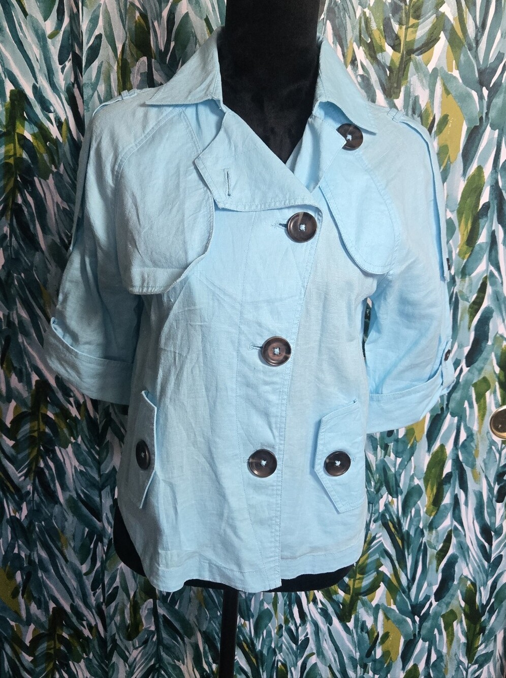 Chico's Sky Blue Short Double-Breasted Trench Jacket